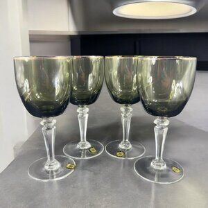 Sasaki Glass Platinum Rim Smokey Green Black Goblet Glasses Cups 6inch Set 4 VTG